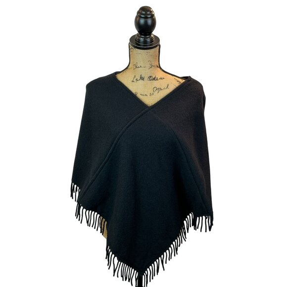 James Pringle Weavers 100% Wool Black Fringe Poncho Wrap Womens Made In Scotland - Picture 6 of 7